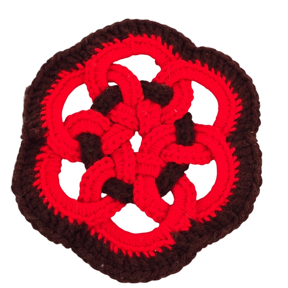 Handmade Crochet Celtic Knot Trivet Coaster Red Brown Interlocking Round 8.5"